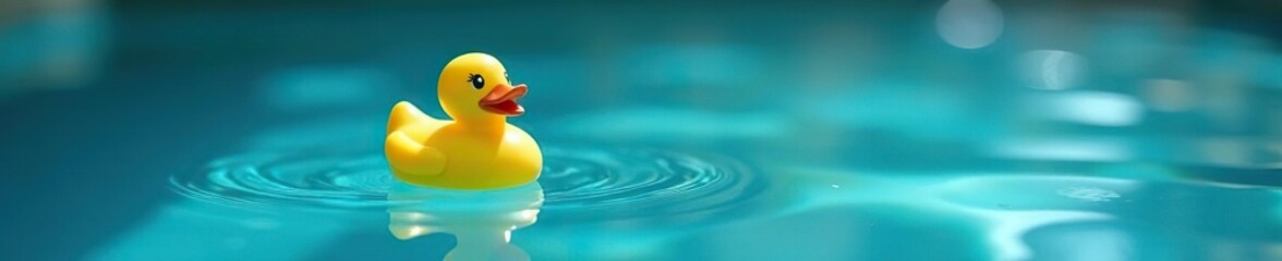 Yellow rubber duck, toy boat float in blue water, relaxation, fun, toys