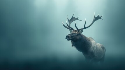 Fototapeta premium A majestic moose stands in a misty forest, creating a calm and mysterious atmosphere.