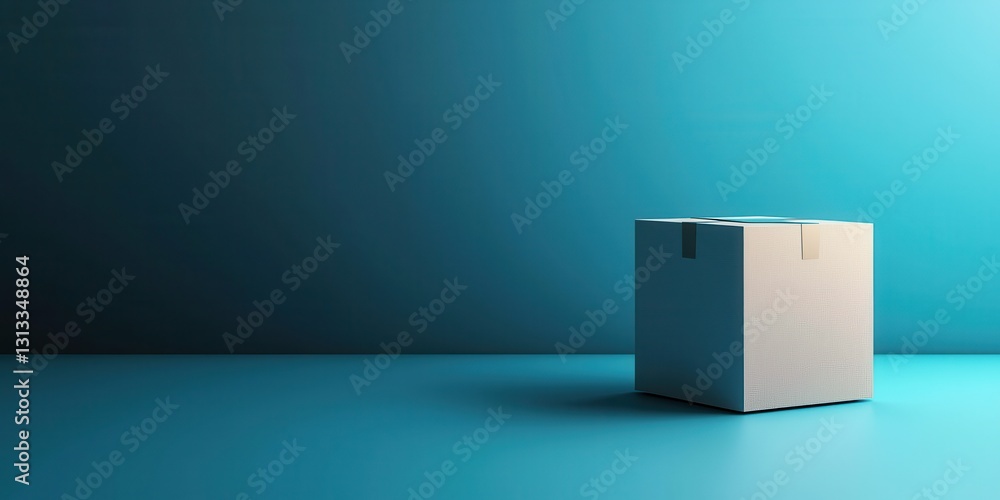 Poster a simple white box sits alone on a smooth, teal surface, illuminated by soft lighting, creating a mi