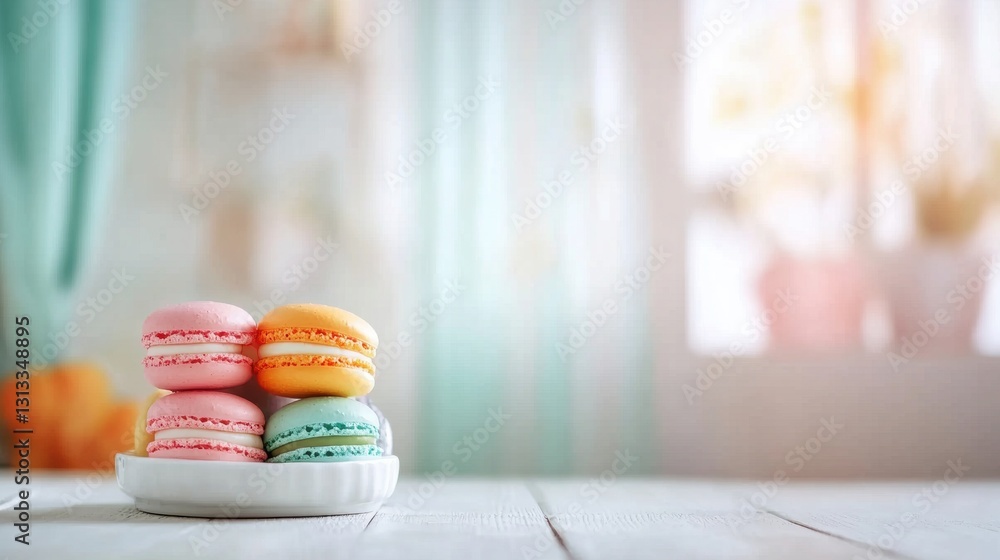 Poster assorted macarons in pastel colors are displayed on a small plate, creating a charming and inviting 