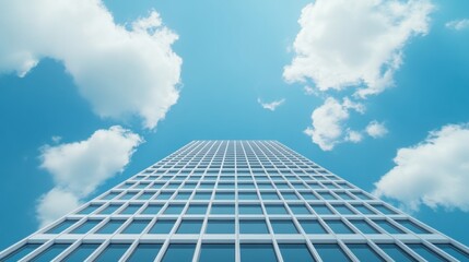 Fototapeta premium A modern skyscraper rises against a bright blue sky dotted with clouds, showcasing sleek lines and a glass facade.