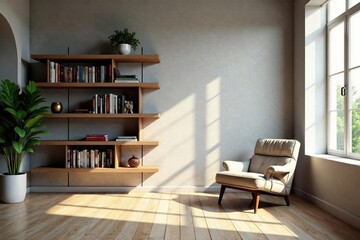 Fototapeta premium Open space, floating bookshelf, plush armchair, window light, furniture, sunlit space