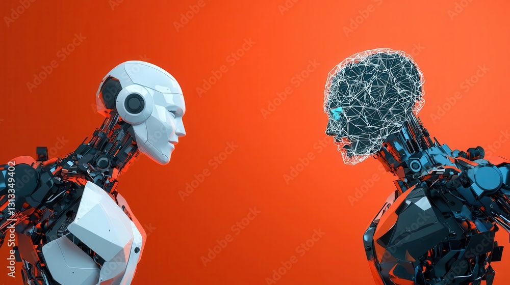 Poster Two humanoid robots face each other against a vibrant orange background, one with a smooth surface and the other with a complex, neural network design.