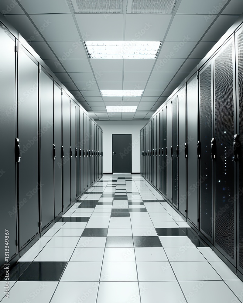 Poster modern data center aisle with row of server racks and bright lights