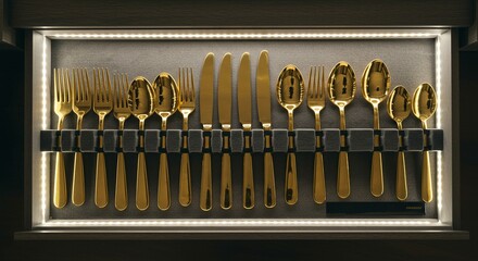 Organized gold cutlery set in drawer with modern lighting solution