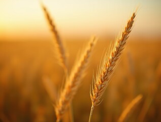 Close-up of ripe golden wheat stalks glowing in the warm evening light, capturing the natural detail and texture of the crop in a rural field.