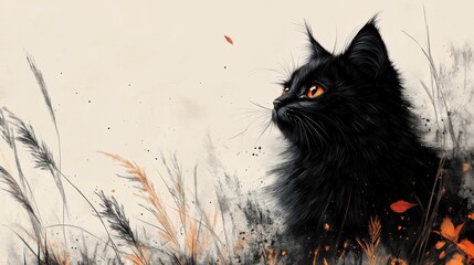 Chinese Brush Style Black Cat on the Field - Traditional Ink Painting  
