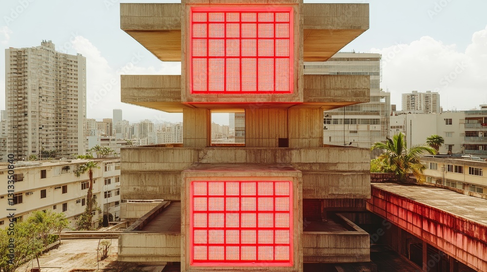 Poster urban concrete architecture with red square accents a captivating blend of modernism and raw express