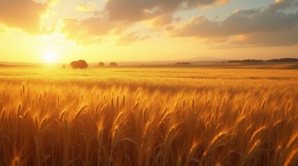 Obraz premium A golden wheat field extending to the horizon with a distant farmhouse, illuminated by warm golden hour light, highlighting the rural beauty of the landscape.