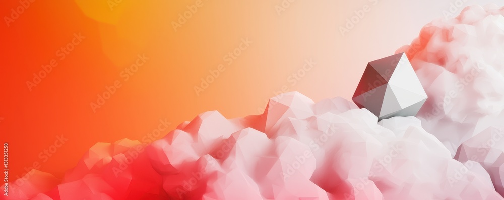 Poster a geometric shape rests atop soft, colorful clouds against a vibrant gradient background, creating a