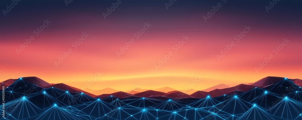 Poster a vibrant sunset over a digital landscape, featuring interconnected lines and nodes that symbolize t