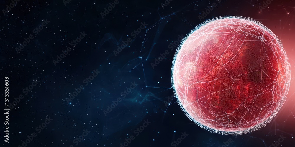 Poster a glowing red sphere in a dark cosmic setting, connected by glowing lines, suggesting a network or e