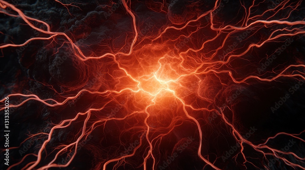 Aufkleber a vibrant, abstract image featuring red and orange lightning-like patterns radiating from a central 