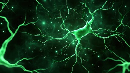 A vibrant, abstract representation of neural connections, showcasing luminous green neurons against a dark background.
