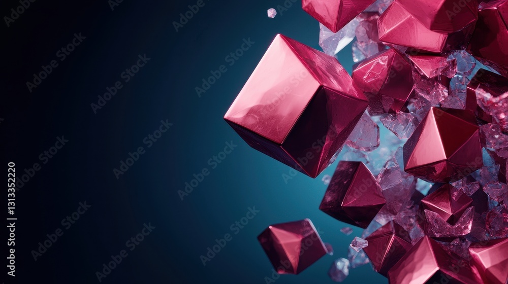 Poster a dynamic composition of floating, faceted pink crystals against a deep blue background, creating a 