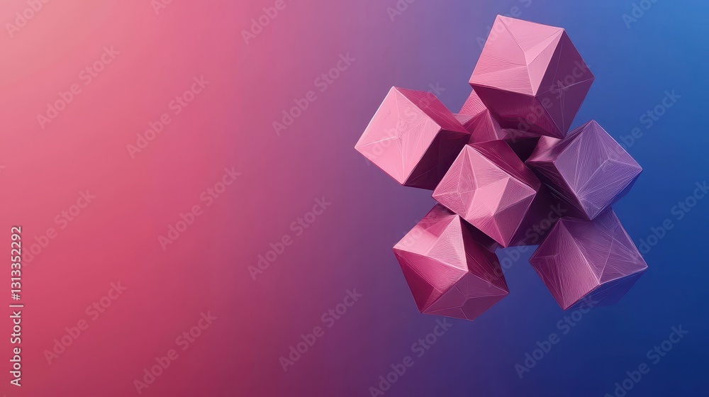 Poster A vibrant digital composition featuring floating geometric shapes in pink and blue tones, creating a modern and abstract visual aesthetic.