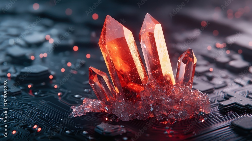 Poster a striking display of red crystals emerging from a dark surface, showcasing intricate textures and r
