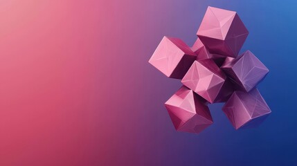 A vibrant digital composition featuring floating geometric shapes in pink and blue tones, creating a modern and abstract visual aesthetic.