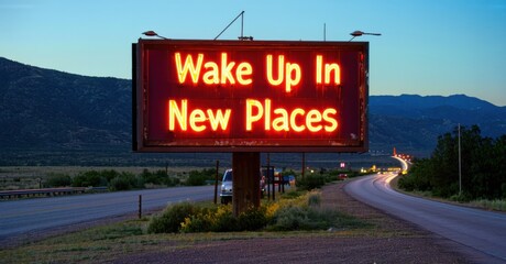 Rustic neon lit billboard wake new places glowing red warm yellow mounted near roadside diner along scenic highway