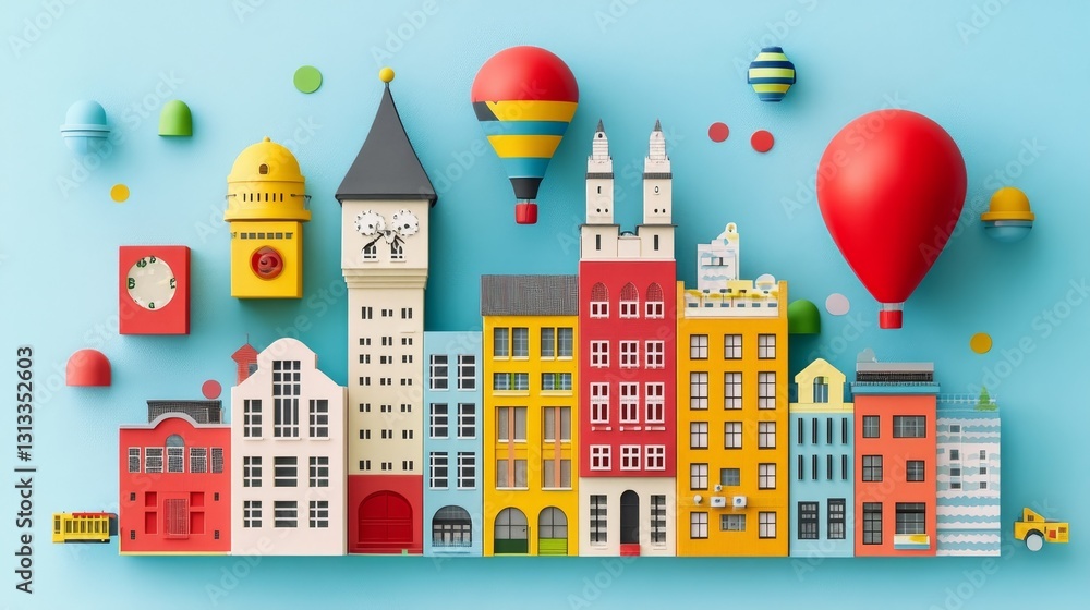 Poster playful cityscape constructed from building blocks embodying architectural diversity and cheerful co