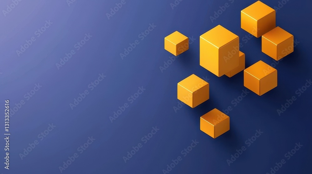 Poster a minimalist design featuring orange cubes on a deep blue background, creating a modern and abstract