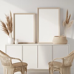 Boho-style framed prints on white sideboard