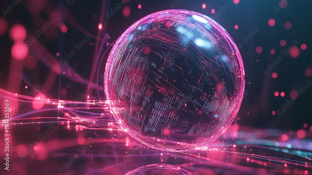 Poster abstract pink digital globe with neon lines and bokeh lights on dark background