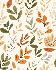 Fototapeta premium Elegant pattern with muted autumn foliage featuring various leaf shapes in soft earthy tones for design inspiration