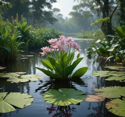 Milkweed Calotropis growing in a swampy area with water lilies, milkweed calotropis, water lily, swamp