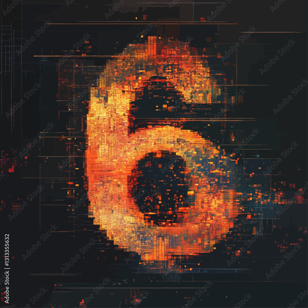 Poster abstract numeric pixel art of number six with digital grid effect