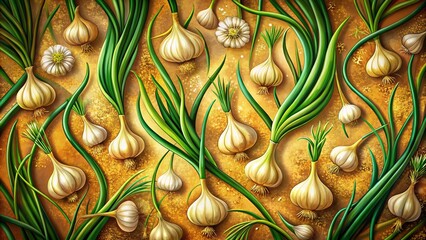 Naklejka premium Rustic Garlic Scapes Garden Illustration Background Pattern - Organic Farm Produce Stock Photo