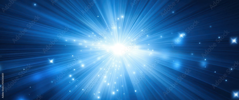 Poster bright blue light burst with glowing particles and radiant rays shining towards viewer in space back