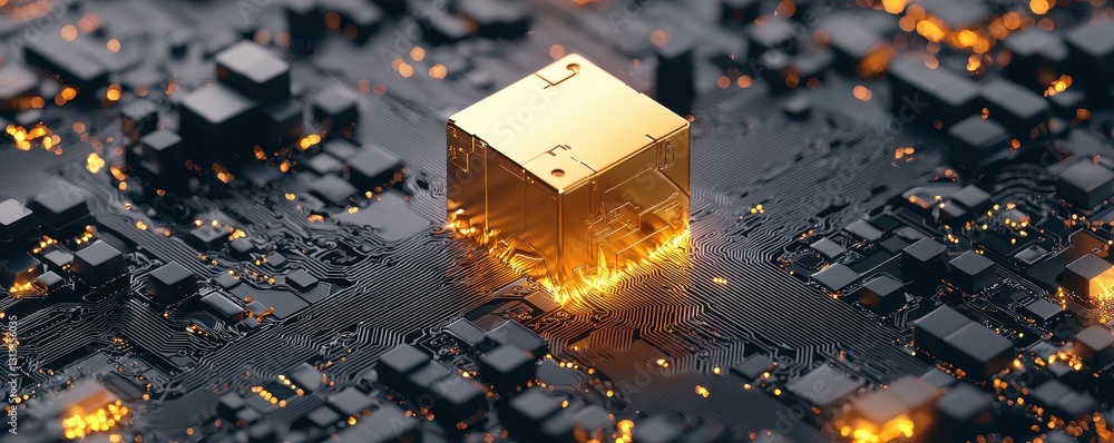 Poster a glowing golden cube sits atop a dark, intricate circuit board, illuminated by soft lights, showcas