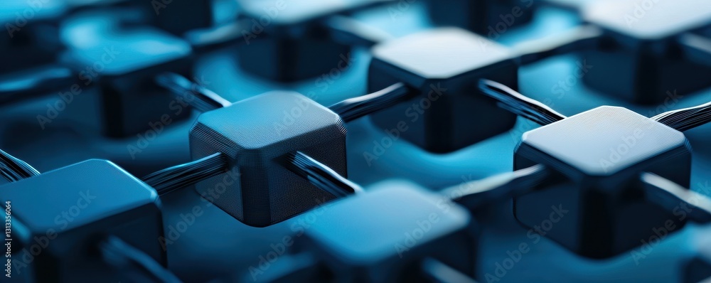 Poster A close-up view of interconnected black cubes on a blue background, showcasing a modern, geometric design with a focus on texture and structure.