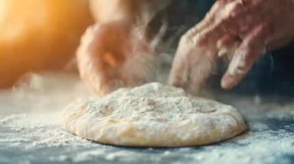 Obraz premium Hands knead flour-covered dough on a kitchen surface, surrounded by a warm, inviting atmosphere of early morning light