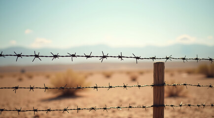Barbed wire fence in a desert landscape with a clear blue sky in the background.