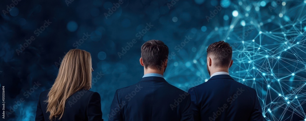 Poster three professionals in suits observe a digital network, symbolizing connectivity and the future of t