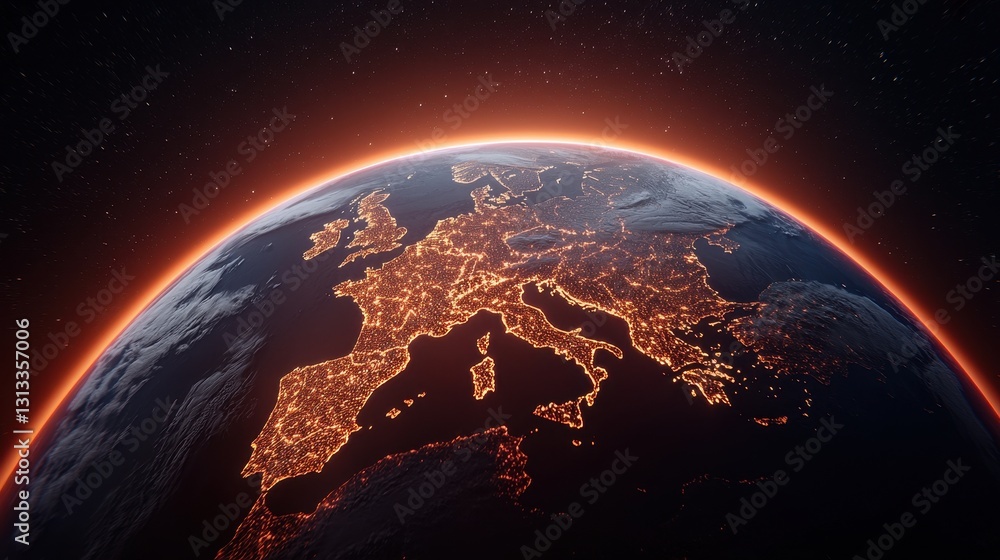 Poster a stunning view of earth from space showcasing illuminated europe against a dark backdrop, highlight