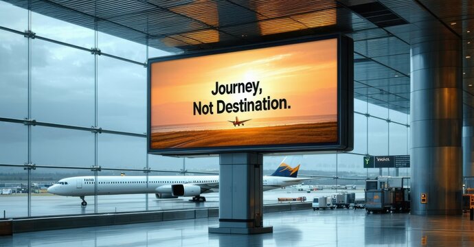 Naklejki Sleek digital billboard journey not destination metallic silver warm amber standing inside high tech airport terminal panoramic glass windows