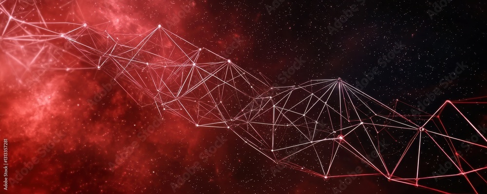 Poster a vibrant cosmic scene featuring a network of interconnected lines against a red and black starry ba