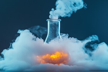 Closeup of a chemical reaction glass flask with smoke from liquid nitrogen Nitrogen science demos for kids featuring dry ice experiments
