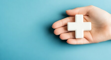 Obraz premium A virtual image of a hand holding a plus sign symbolizes offering beneficial elements like advantages, personal growth, social connections, and health insurance