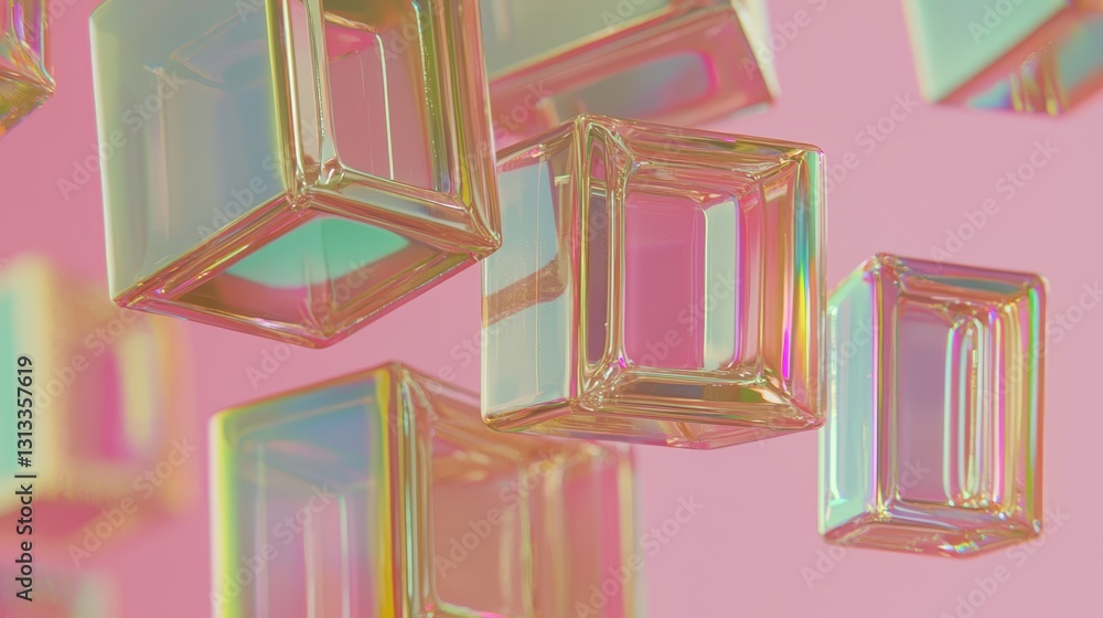 Poster colorful transparent cubes floating in a soft pink background