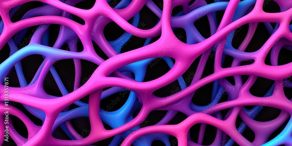 Poster a vibrant, abstract representation of interconnected cells or structures, featuring a mix of pink an