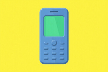 blue cell phone with a green screen on a yellow background