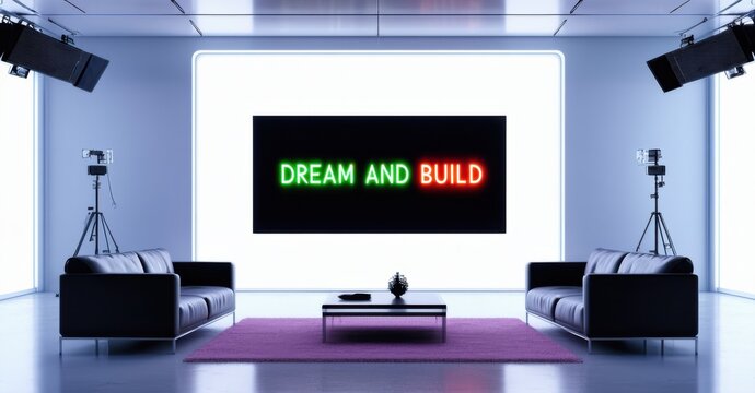 Naklejki Sleek futuristic billboard dream build neon green fiery red positioned inside smart home studio led backlit monitors