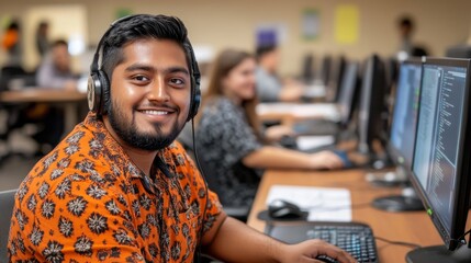 Obraz premium A young man, equipped with a headset and seated at a computer, is engaged in customer service work