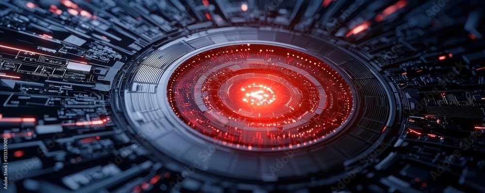 Aufkleber a visually striking close-up of a futuristic circuit board featuring a central glowing red core, sur