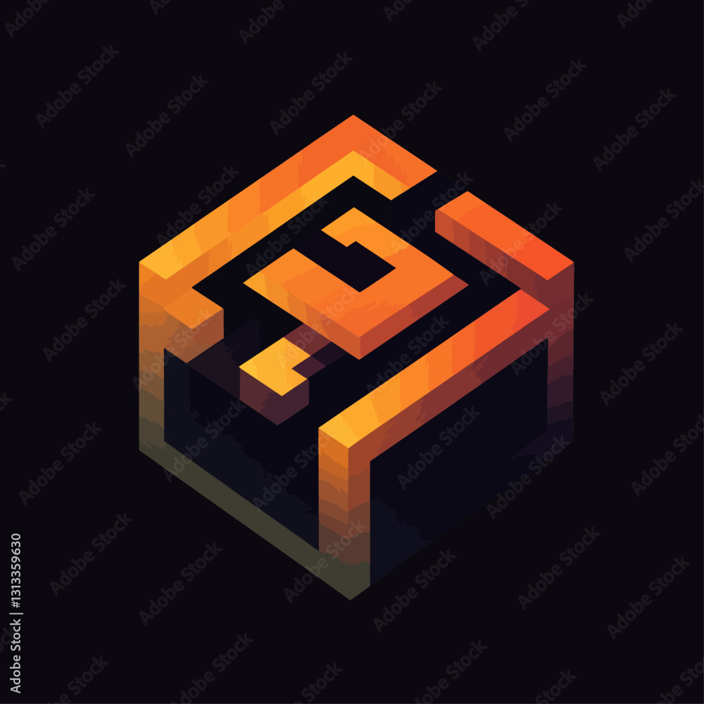 Poster geometric orange cube on a black background for abstract design projects