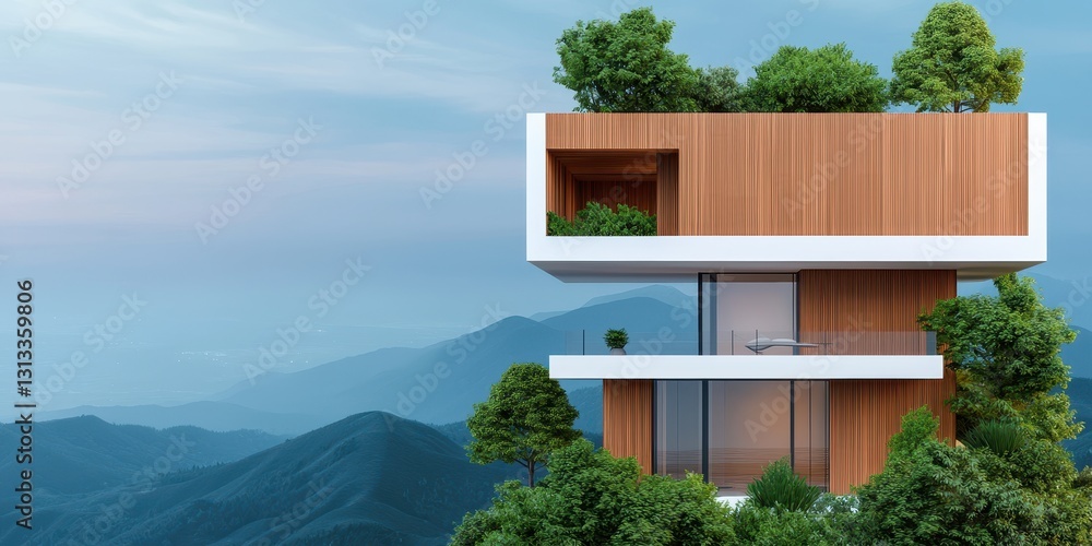 Poster a modern architectural design featuring a sleek house surrounded by lush greenery and set against a 
